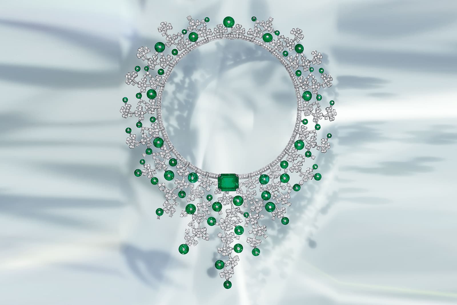 Bulgari Emerald Venus necklace with a 20 carat Colombian octagonal-cut emerald, 71.24 carats of diamonds and 130.77 carats of emerald beads from the Eden The Garden of Wonders High Jewellery collection