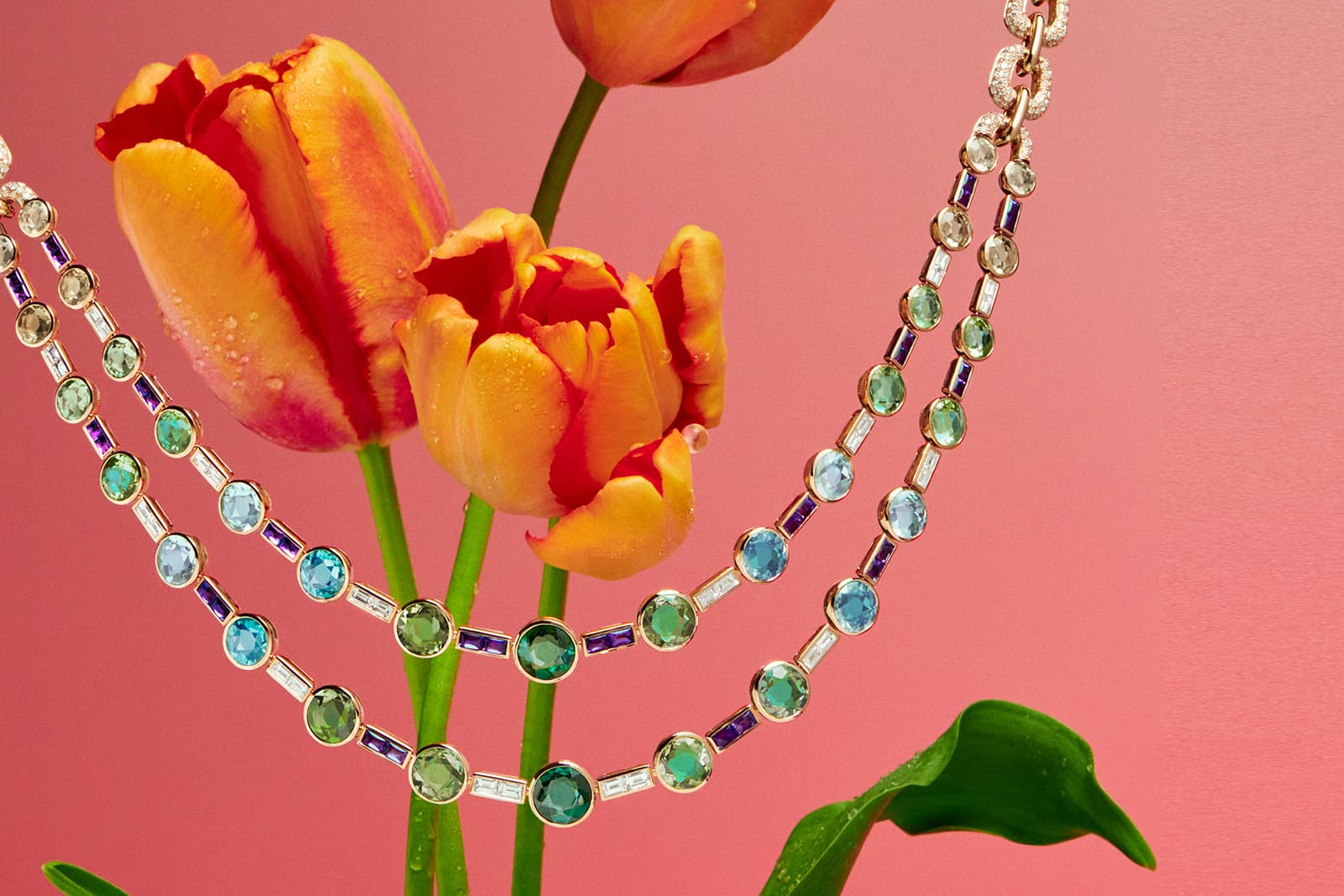 Bulgari Eden Enchantment necklace with aquamarines, green tourmalines, amethysts and natural blue zircons from the Eden The Garden of Wonders High Jewellery collection