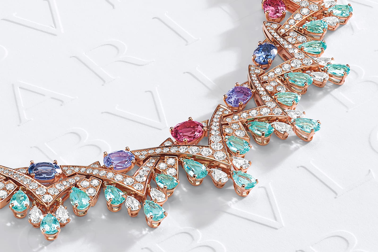  Bulgari necklace with blue, pink and purple gemstones from the Eden The Garden of Wonders High Jewellery collection