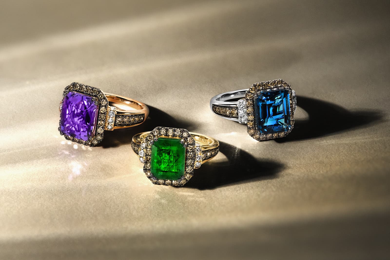  Le Vian halo style dress rings with coloured gemstones surrounded by chocolate diamonds
