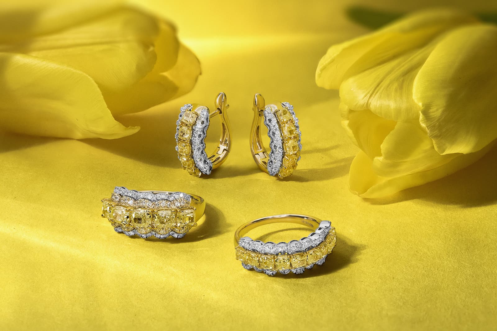  Yellow and white diamond hoop earrings and rings by Le Vian