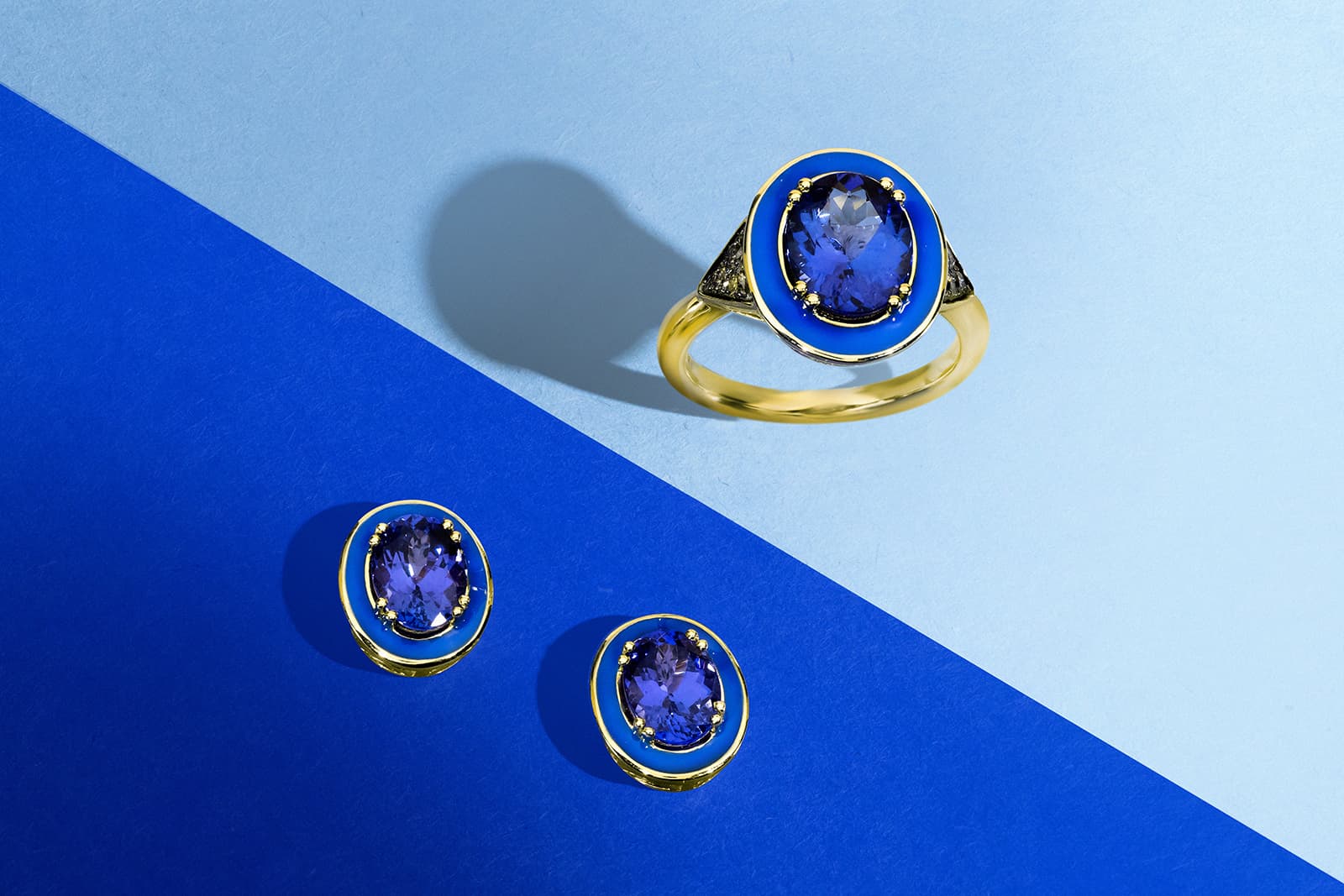 Le Vian ring and earrings with oval-shaped tanzanites and matching blue enamel in yellow gold