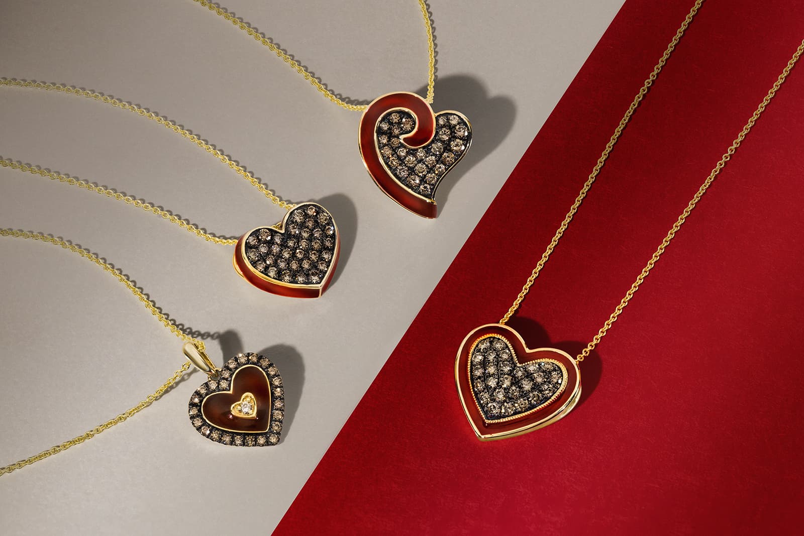  Le Vian heart-shaped pendants with chocolate diamonds and red enamel in yellow gold