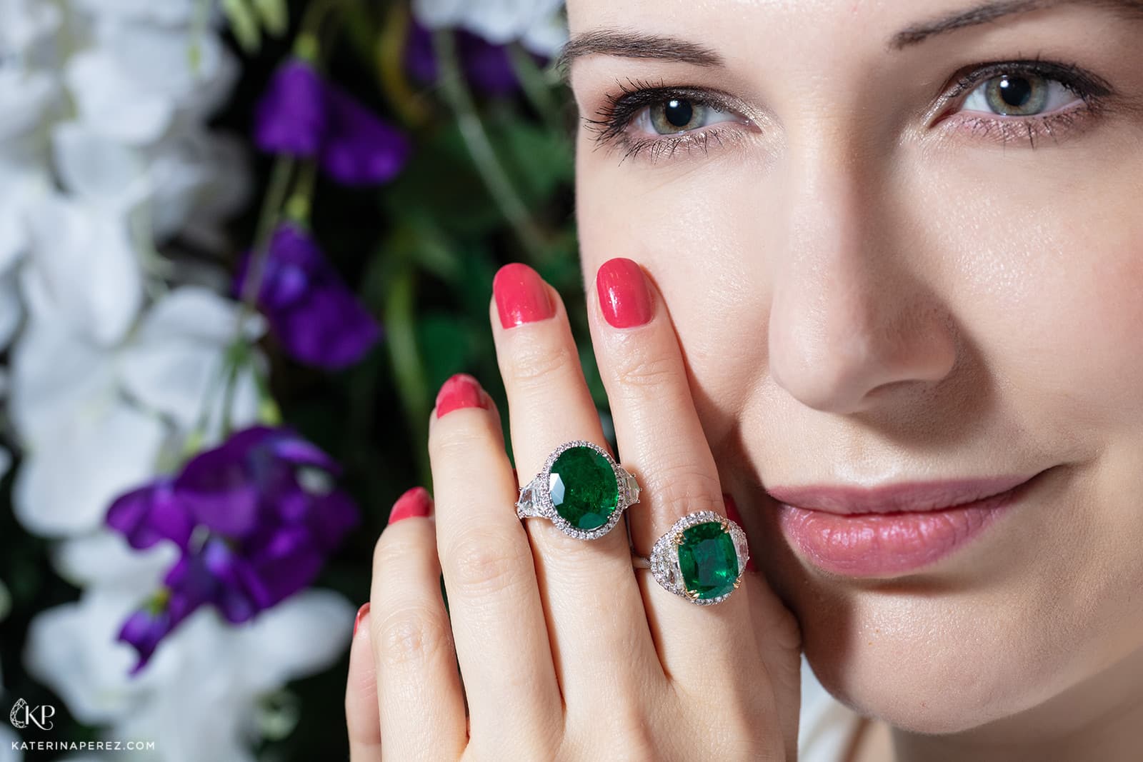Katerina Perez wears emerald and diamond rings by Le Vian with contrast talon claw settings
