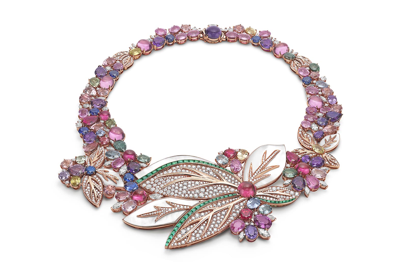 Bulgari Flowers of Eden necklace with mother of pearl, diamonds, tourmalines, carnelians, amethysts and emeralds from the Eden The Garden of Wonders High Jewellery collection