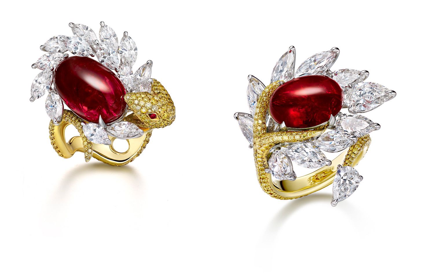 Faidee Burmese 'Pigeon's Blood' ruby and diamonds ring with a snake-inspired design