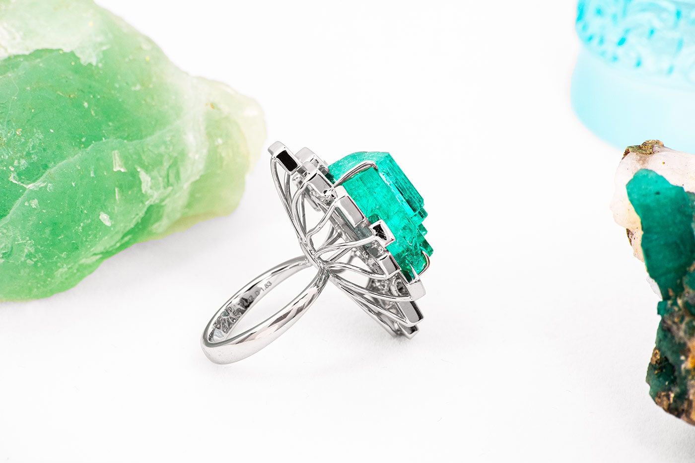  A closer look at the setting on this Qiu Fine Jewelry rough Colombian emerald and diamond ring