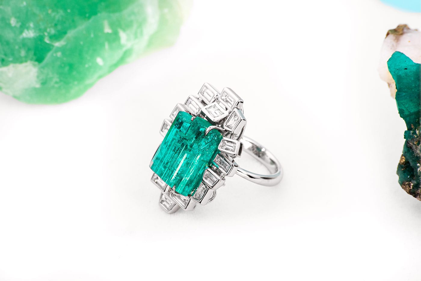 Qiu Fine Jewelry ring with a 14 carat Colombian rough emerald and 6 carats of diamonds