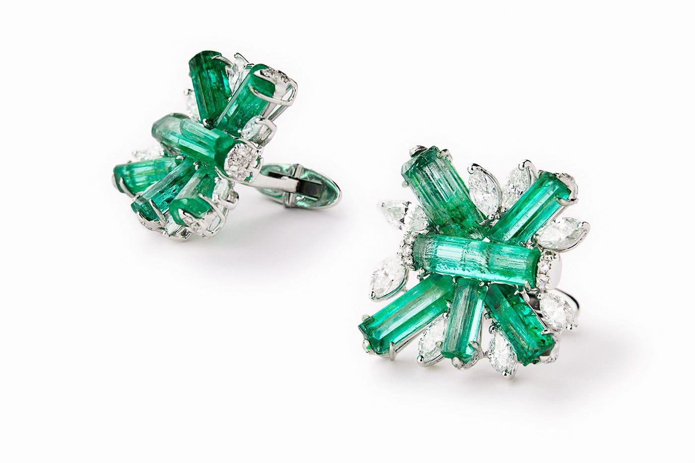 Qiu Fine Jewelry cufflinks with rough emerald crystals and diamonds
