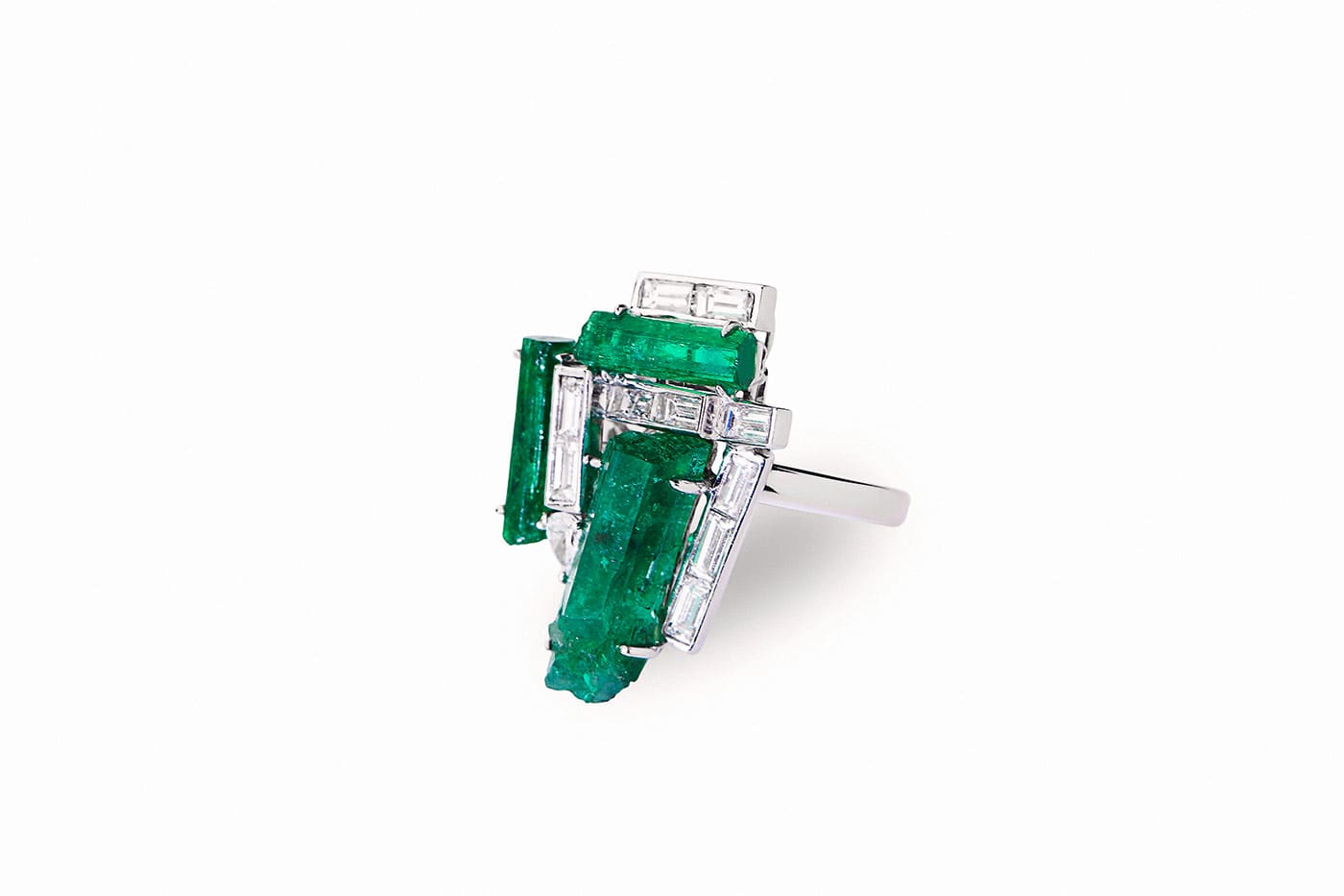  Qiu Fine Jewelry ring with rough emerald crystals surrounded by  baguette-cut diamonds