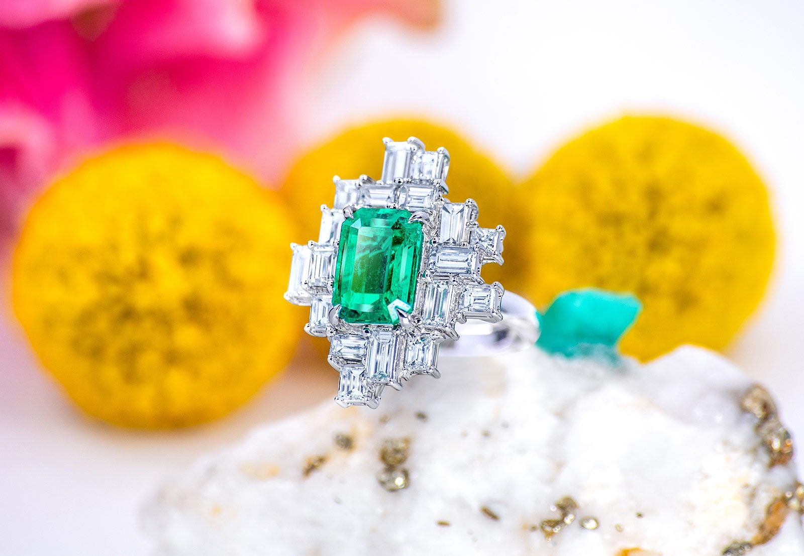 Qiu Fine Jewelry ring with a 3 carat no-oil Colombian emerald and 3.50 carats of diamonds