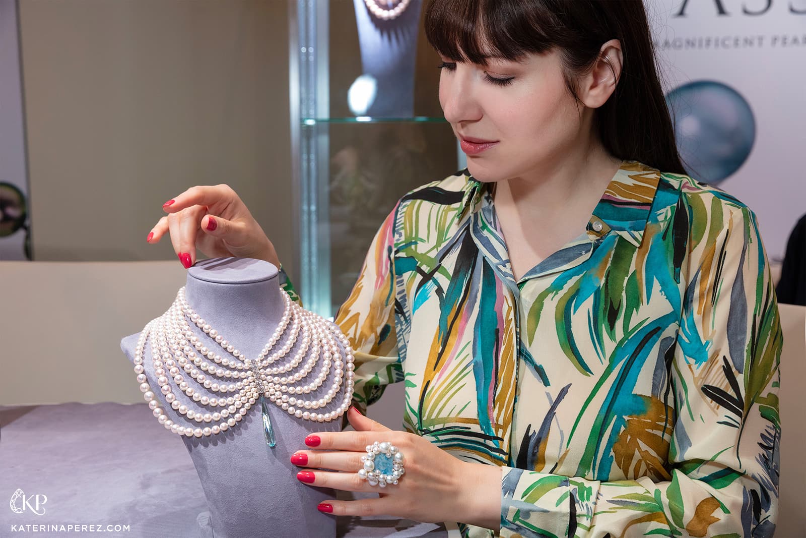 Assael Japanese Akoya pearl necklace with 16.95 cts aquamarine drop and diamonds