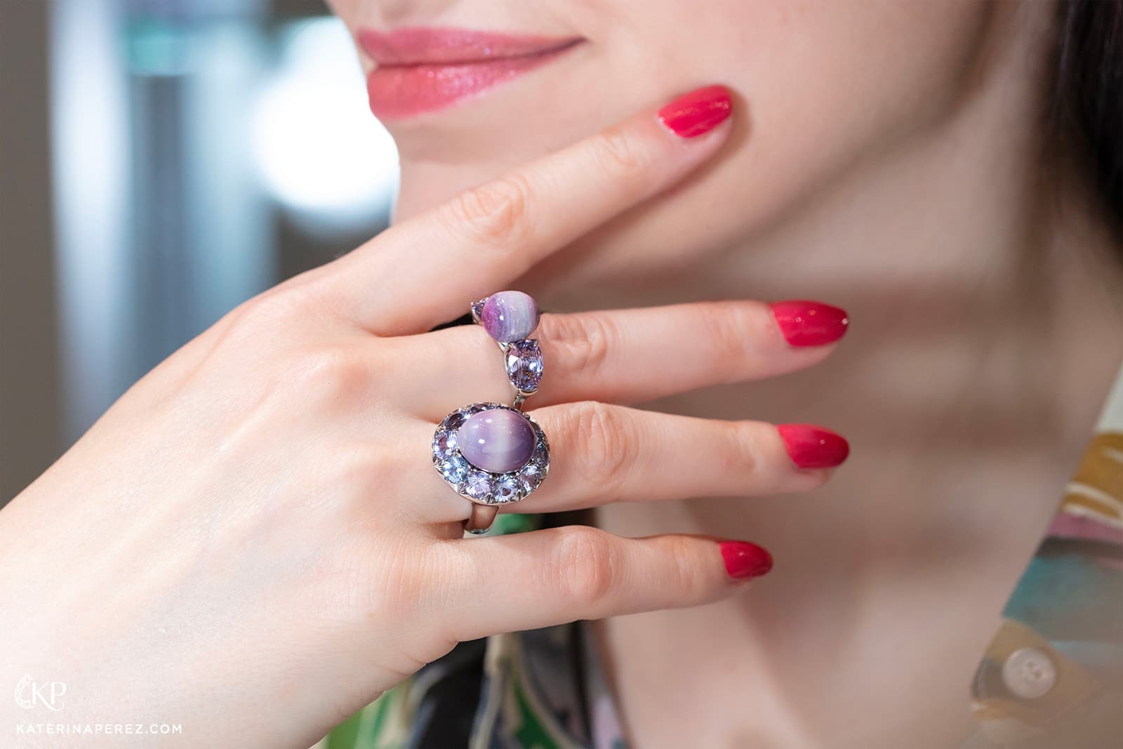 Top: Spondylus (Spiny Oyster) natural saltwater pearl & lavender spinel ring. Bottom: Quahog natural saltwater pearl & lavender spinel ring