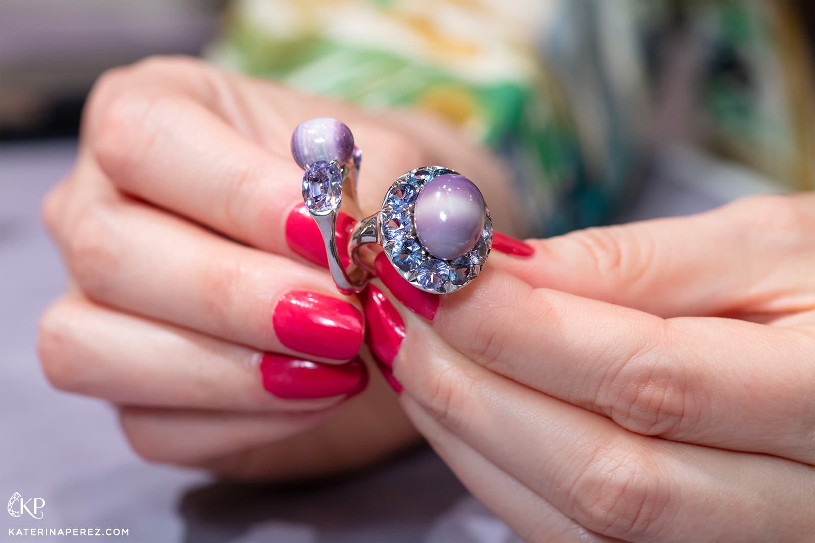  Unusual saltwater pearl rings with spinels by Assael