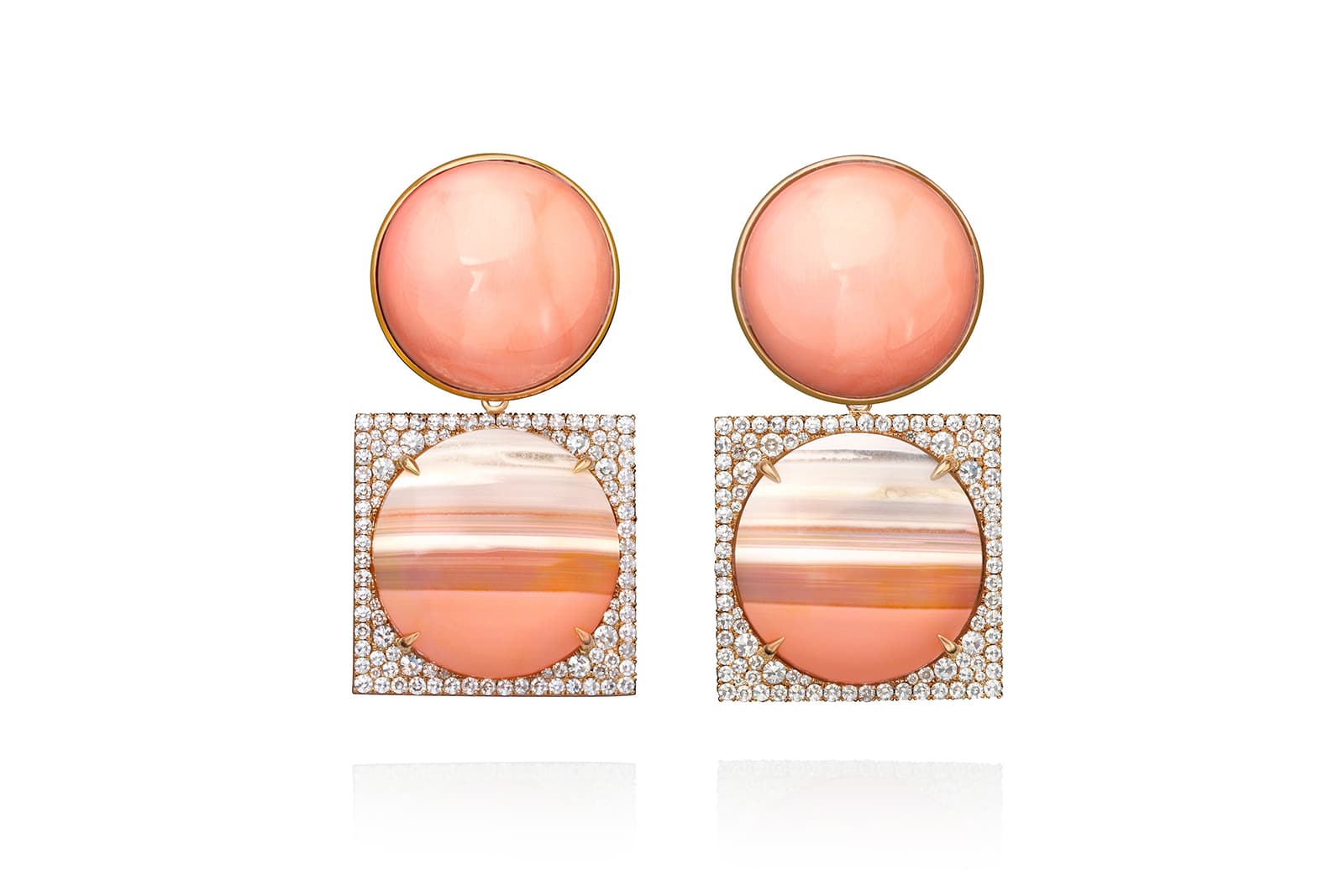 Angel skin coral, candlelight carnelian and diamond detachable drop earrings