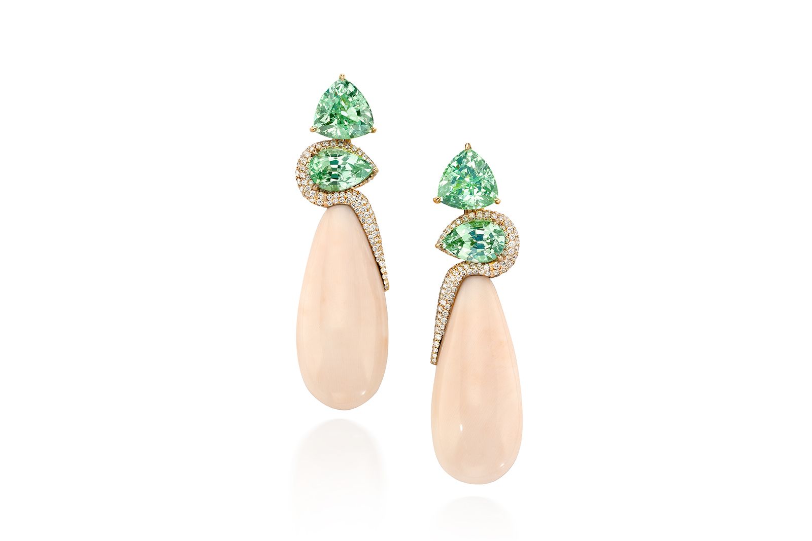  Assael earrings with green grossular garnet, Angel skin coral and diamonds