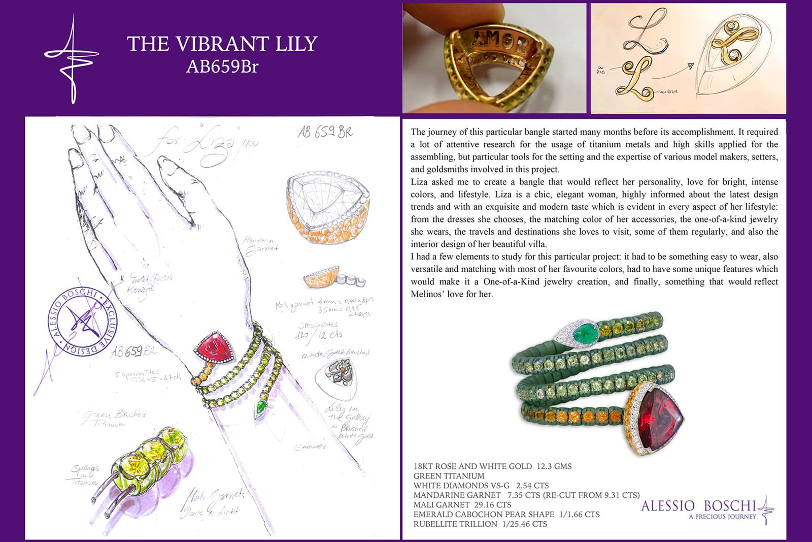  Alessio Boschi Vibrant Lily Bangle in rose gold, white gold, titanum, diamond, mandarine garnet, mali garnet,emerald and rubellite 