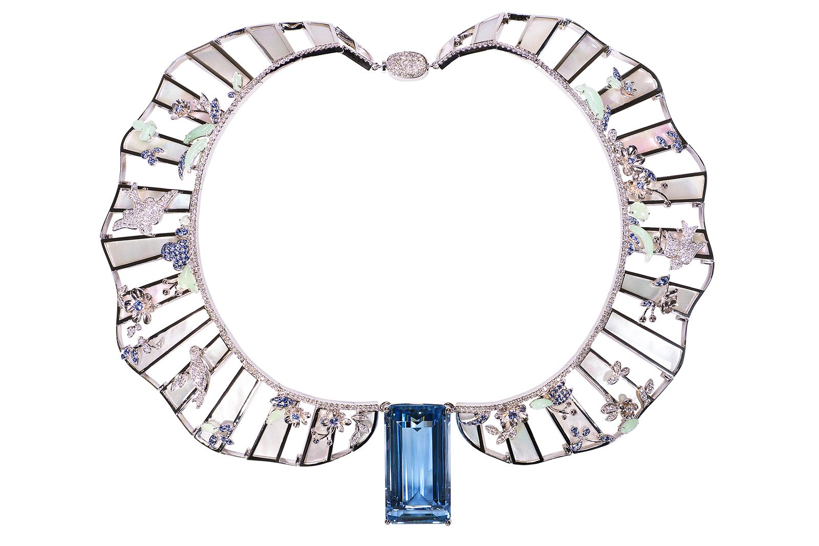 Simone jewels Le Grand Chinoiserie necklace aquamarine, mother of pearl, ice jade, blue sapphires and diamonds