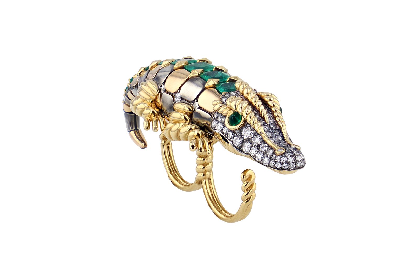  Elie Top Crocodile ring in gold, silver, emeralds and diamonds