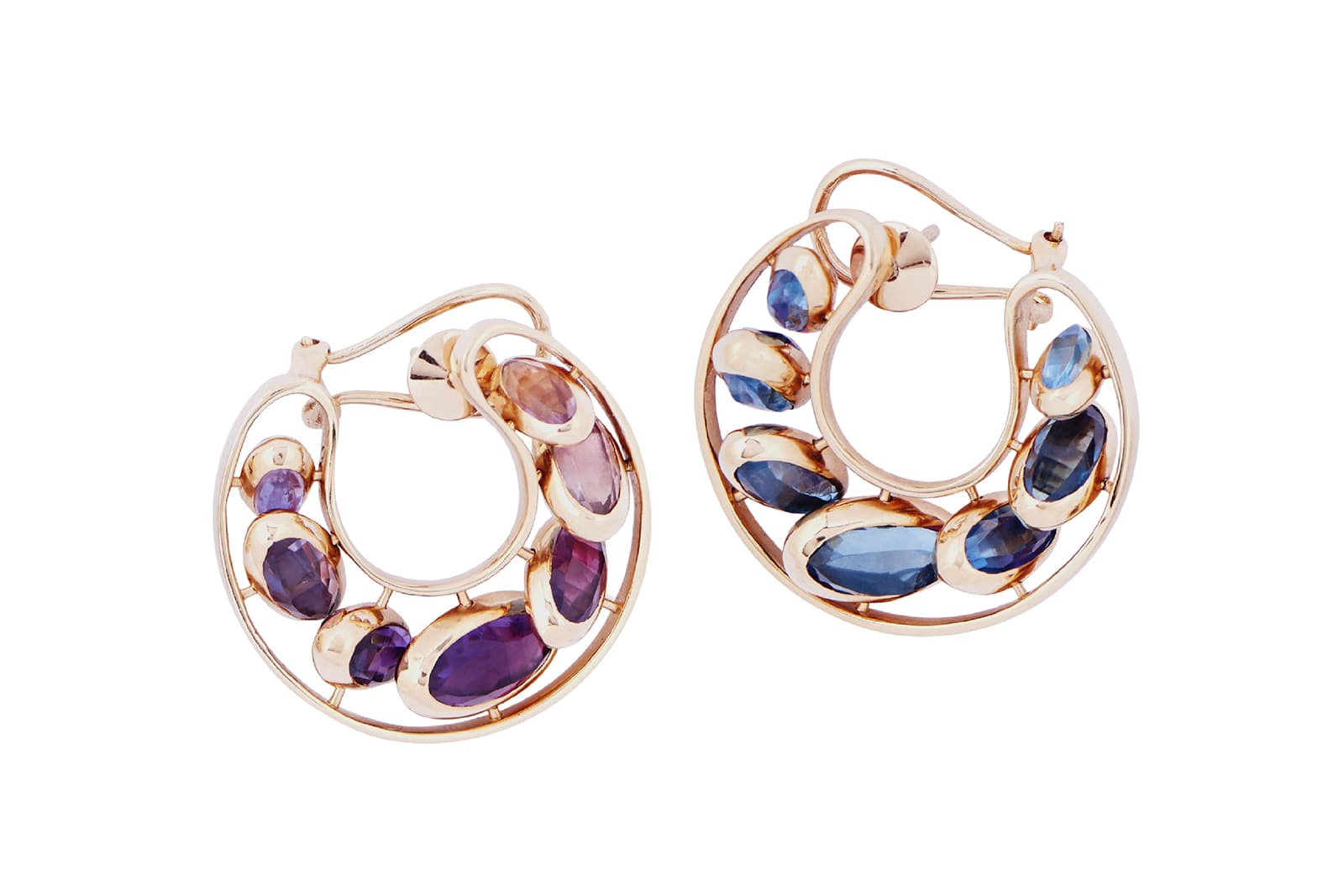  MARIE MAS Dancing Creoles earrings featuring 6 African amethysts, 4 Brazilian amethysts, 4 pink amethysts, 6 London blue topaz, 4 Swiss blue topaz and 4 sky blue topaz