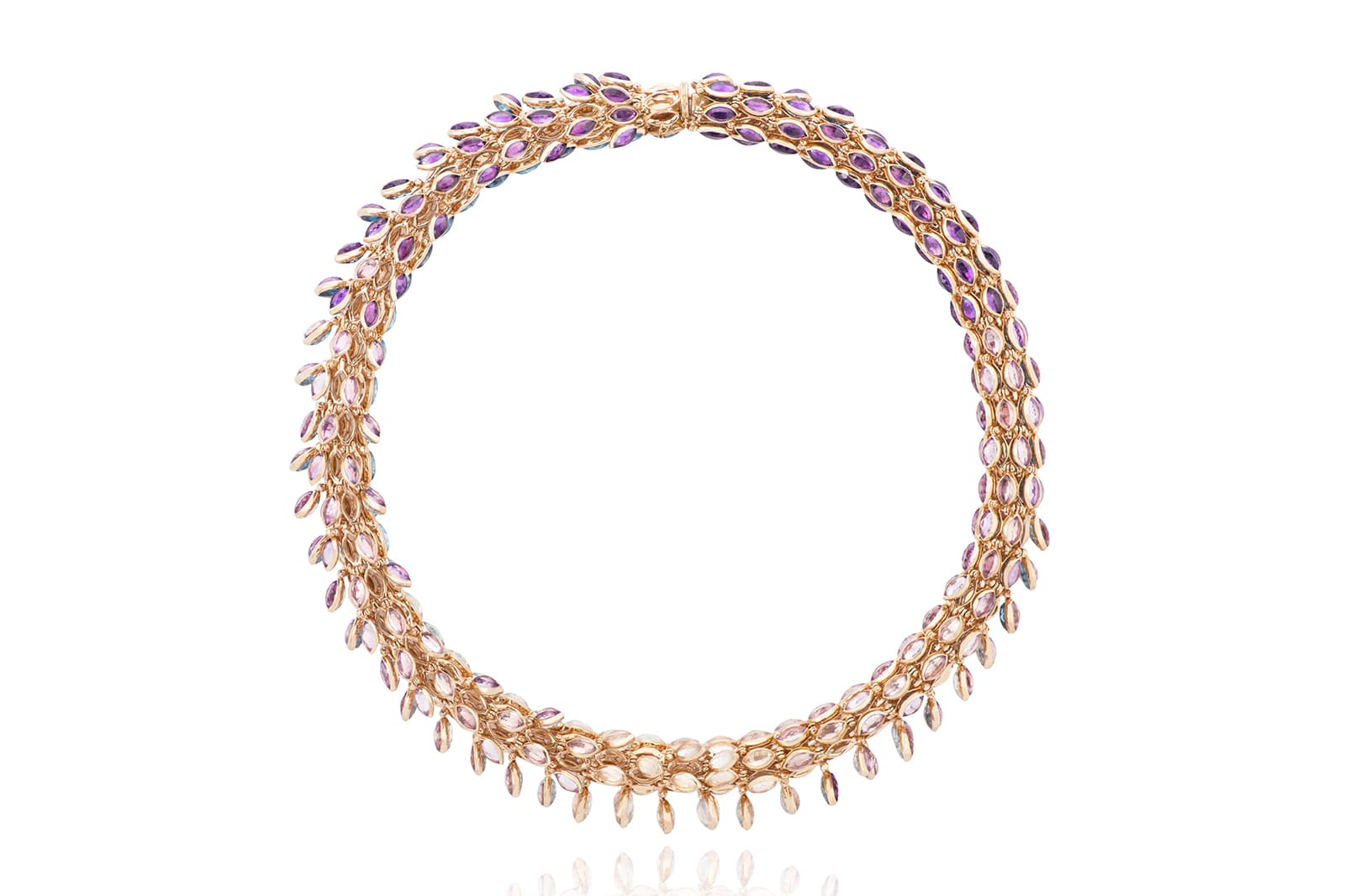  MARIE MAS Swinging chocker featuring 90 African amethysts, 72 Brazilian amethysts, 54 pink amethysts, 27 rose quartz 90 London blue topaz, 72 Swiss blue topaz, 54 sky blue topaz and 27 blue moon quartz