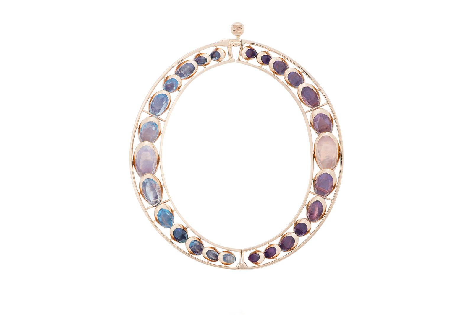  MARIE MAS Front Dancing Rigid bracelet featuring 12 African amethysts, 8 Brazilian amethysts, 4 pink amethysts, 2 rose quartz, 12 London blue topaz, 8 Swiss blue topaz, 4 sky blue topaz and 2 blue moon quartz