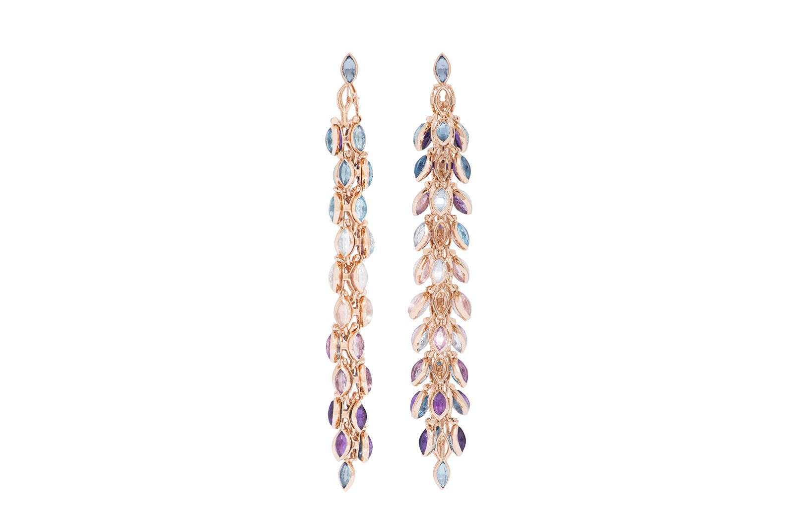  MARIE MAS Swinging earrings featuring 24 African amethysts, 12 Brazilian amethysts, 12 pink amethysts, 12 rose quartz, 28 London blue topaz, 12 Swiss blue topaz, 12 sky blue topaz and 12 blue moon quartz