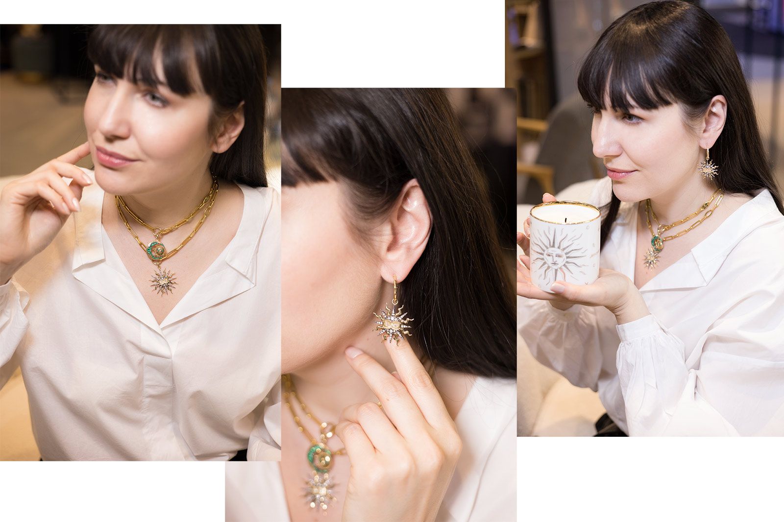Katerina Perez wearing a selection of Wings of Wisdom jewellery pieces from the Shifted Paradigm collection