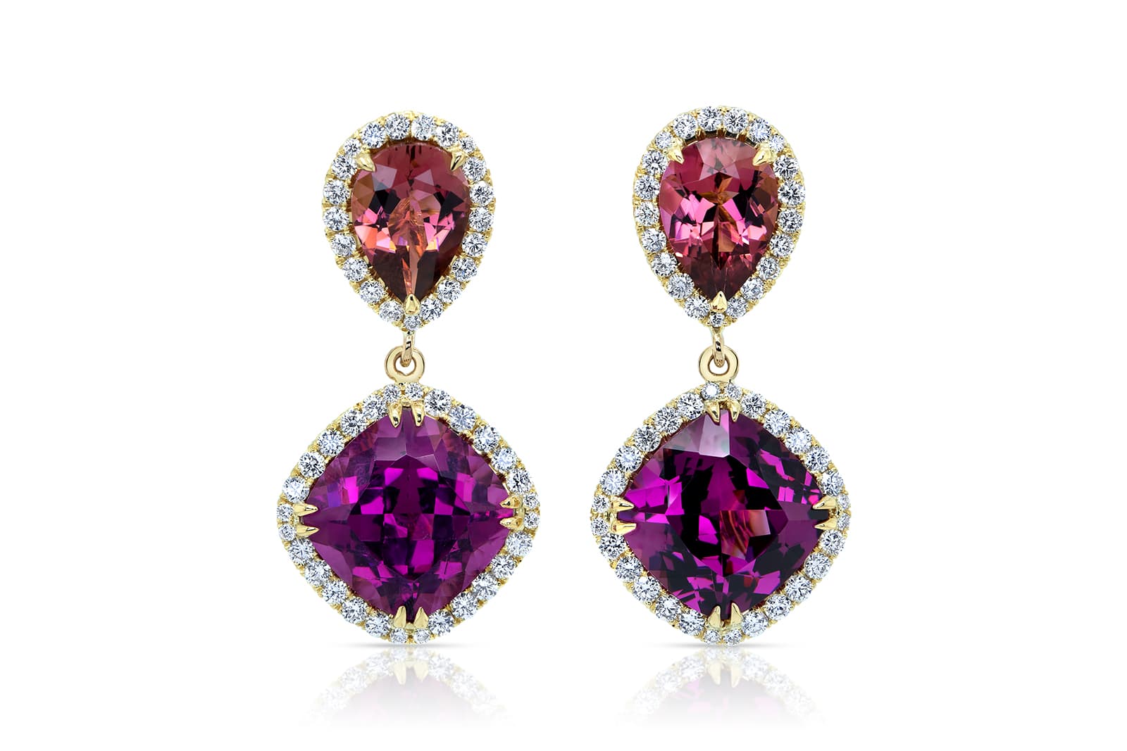  Omi Privé purple garnet, pink tourmaline, diamond and yellow gold earrings