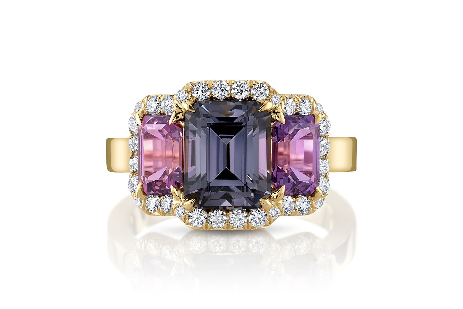 Omi Privé grey spinel, lavender spinel, diamond and yellow gold ring
