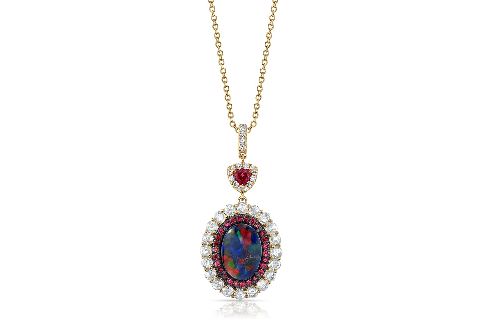Omi Privé black opal, red spinel, diamond and yellow gold pendant accented with black rhodium