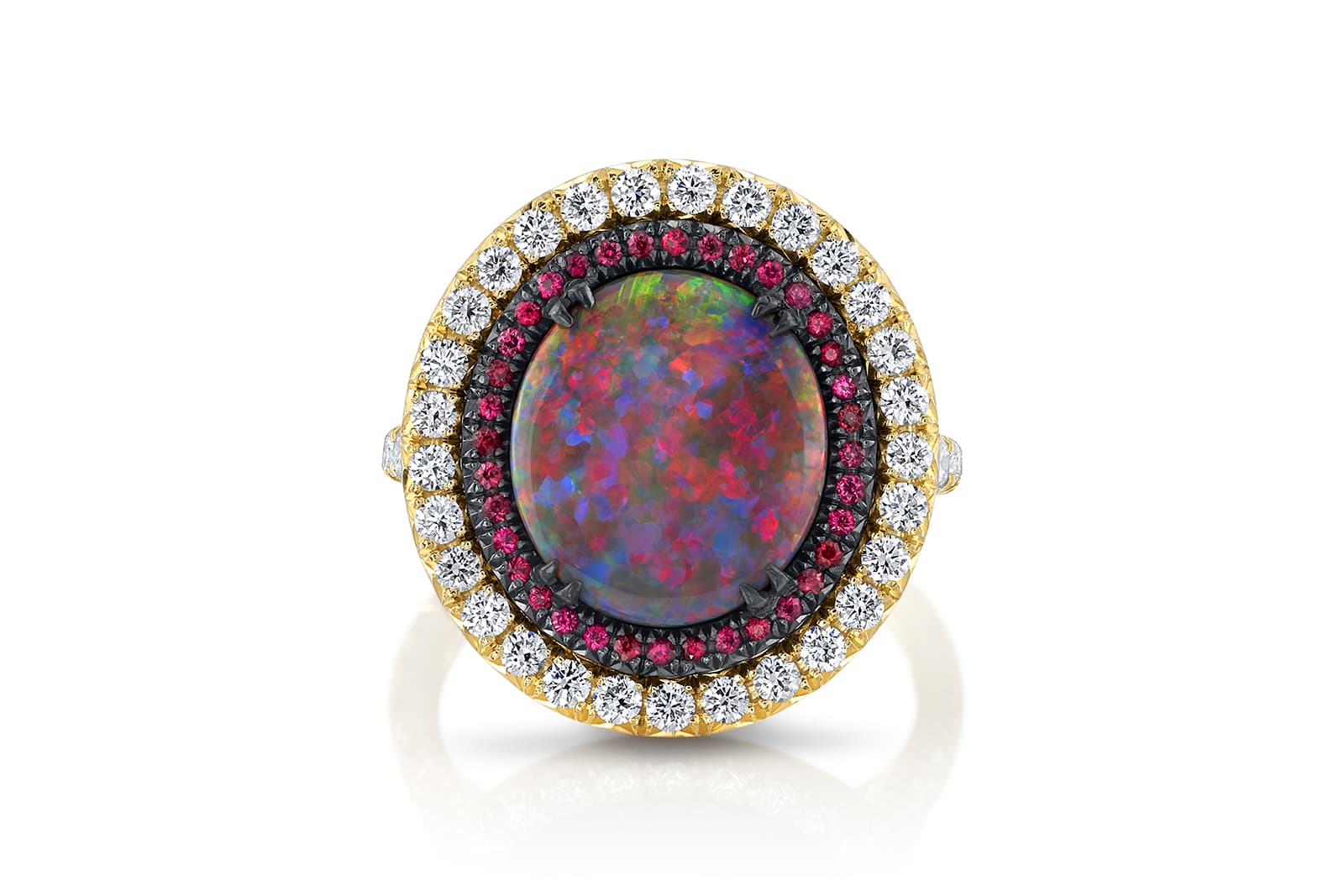  Omi Privé black opal, red spinel, diamond and yellow gold ring accented with black rhodium