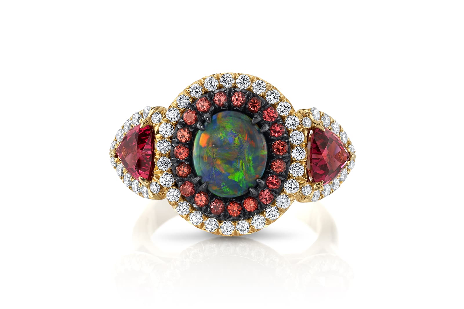  Omi Privé black opal, red spinel, diamond and yellow gold ring accented with black rhodium