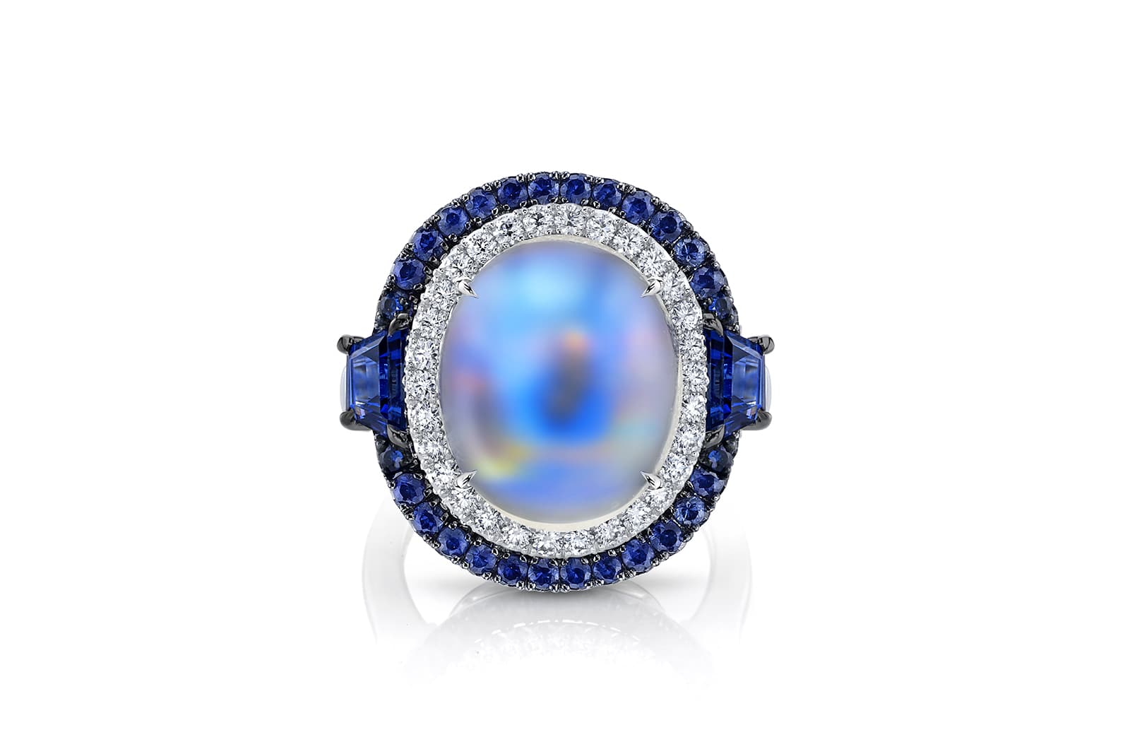  Omi Privé moonstone, sapphire, diamond and platinum ring, accented with black rhodium
