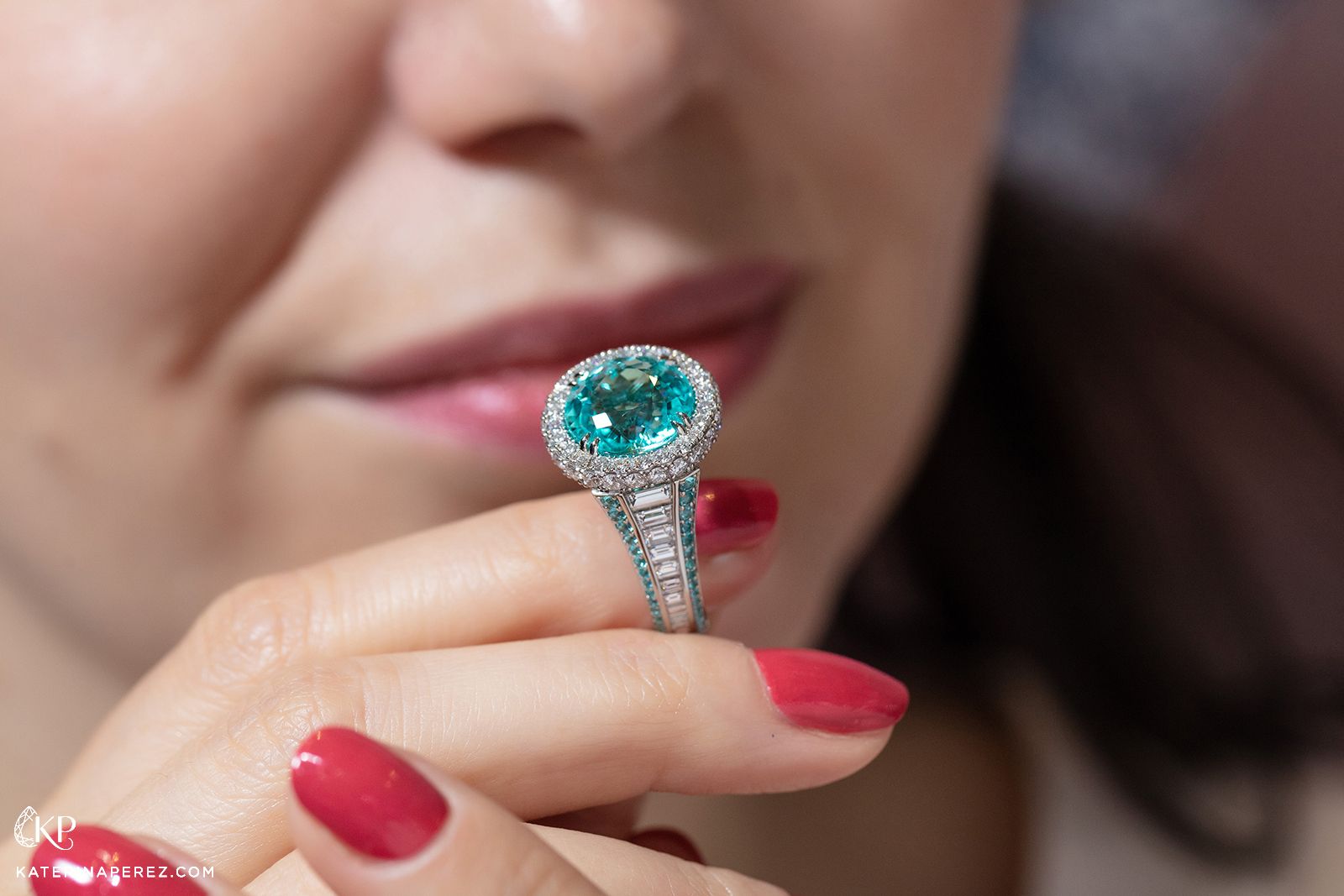  Katerina Perez in Omi Privé Paraíba-Type tourmaline, Paraíba tourmaline and diamond platinum ring