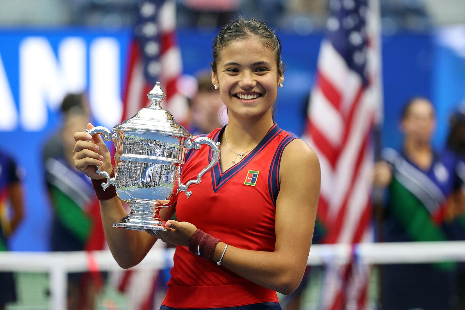 Emma Radacanu in Tiffany & Co. jewellery just after winning the US Open in September 2021 