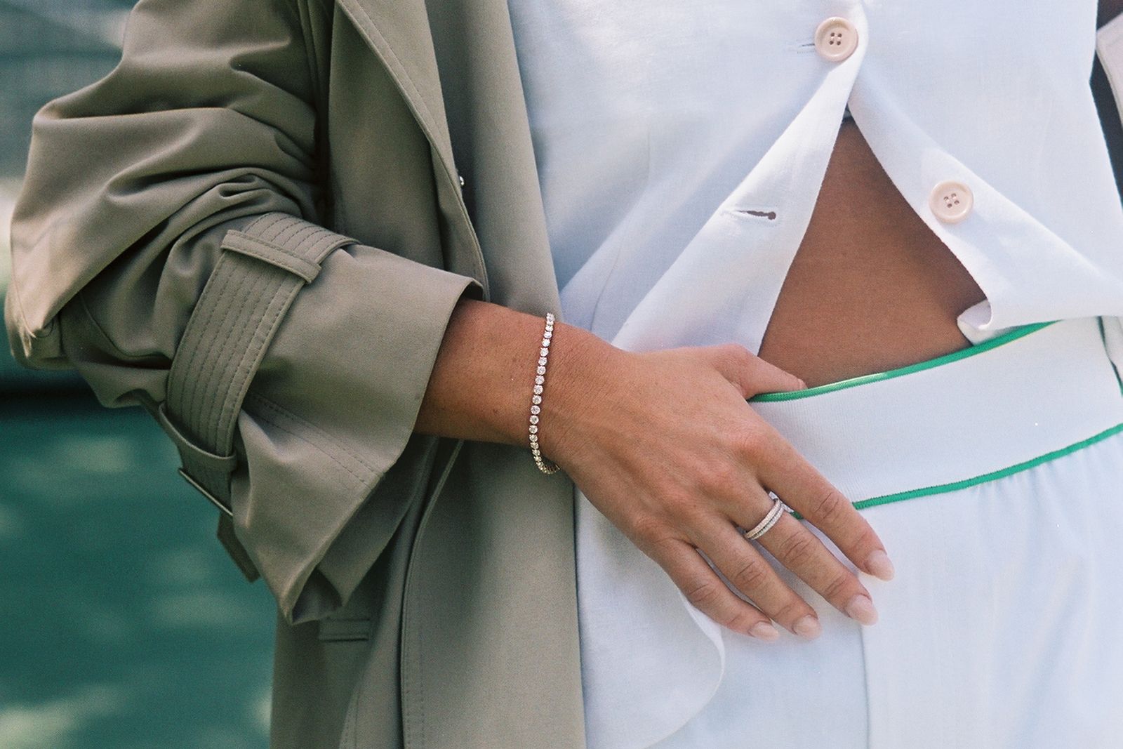  The George Rivière tennis bracelet from the Or & Elle x Meaghan Cox collection, worn with tennis whites