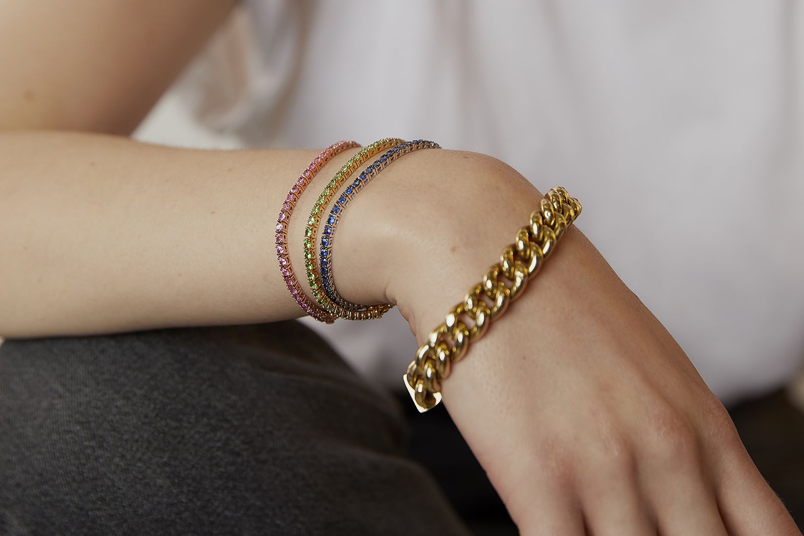 R.F Finest coloured gemstone line bracelets by Roxanne First 