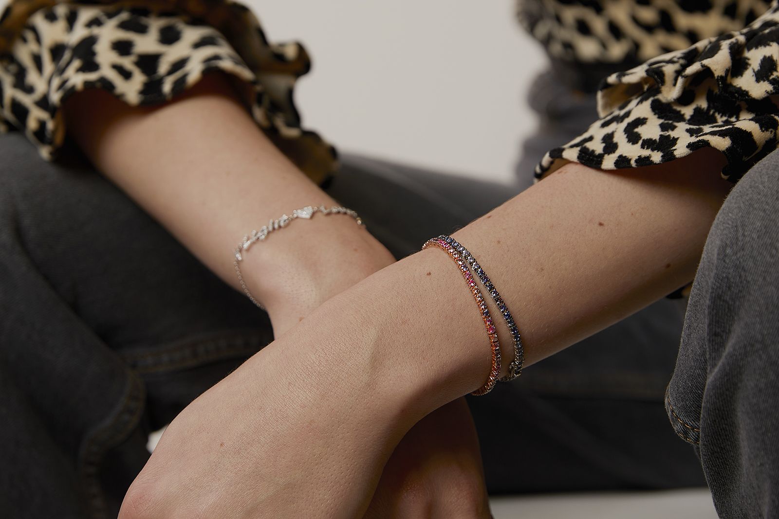  R.F Finest coloured gemstone tennis bracelets in shades of pink and blue by Roxanne First 