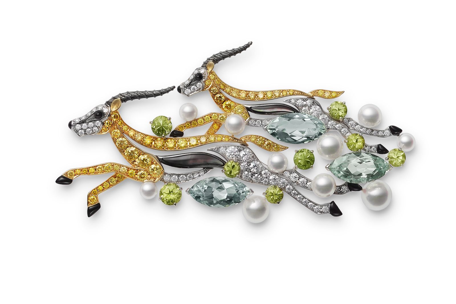  Mikimoto Africa Gazelle brooch in 18K white and yellow gold with Akoya cultured pearls, beryl, garnet, onyx, diamonds and mother of pearl from the Wild and Wonderful High Jewellery collection