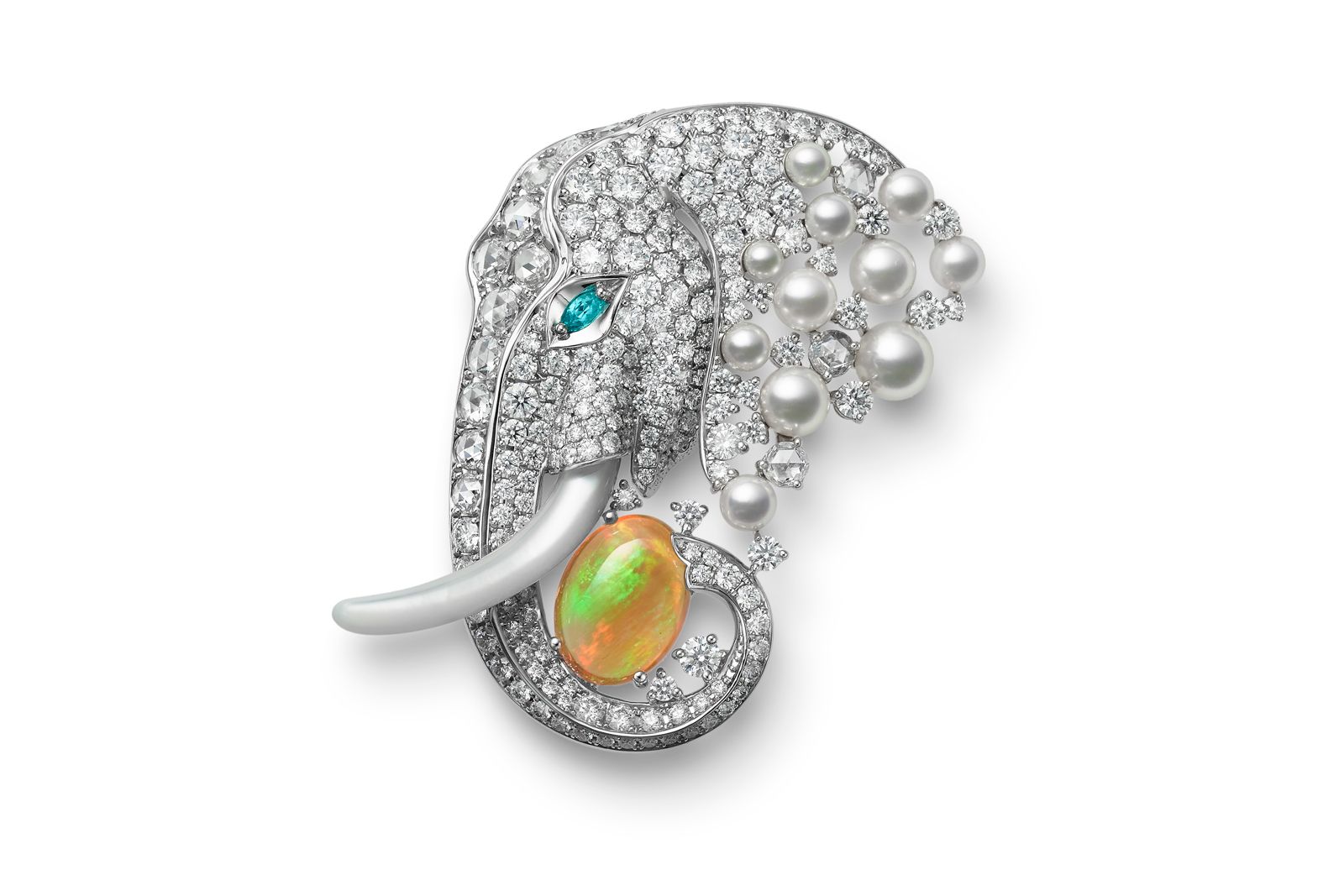  Mikimoto Africa Elephant brooch in 18K white gold with Akoya cultured pearls, opal, tourmaline, diamonds and mother of pearl from the Wild and Wonderful High Jewellery collection