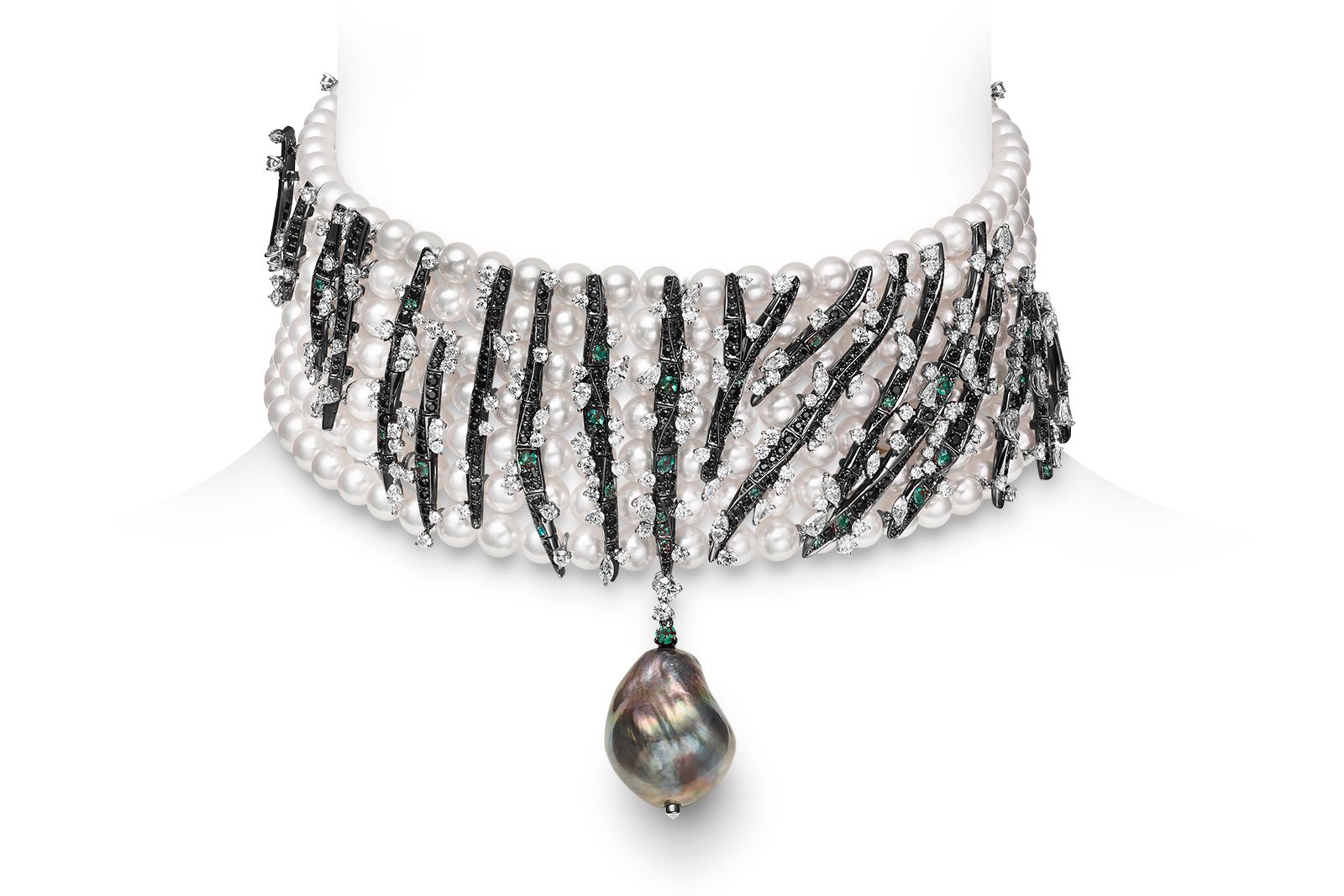 Mikimoto Africa Zebra necklace in 18K white gold with black South Sea cultured pearls, Akoya cultured pearls, alexandrite, spinel and diamonds from the Wild and Wonderful High Jewellery collection