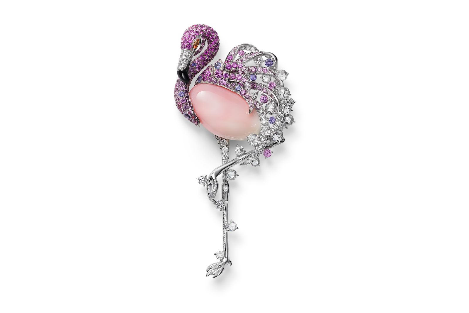  Mikimoto Africa Flamingo brooch in 18K white gold with natural conch pearl, sapphire, garnet, onyx and diamonds from the Wild and Wonderful High Jewellery collection