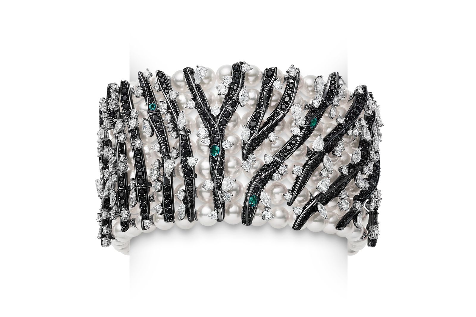  Mikimoto Africa Zebra bracelet in 18K white gold with black South Sea cultured pearls, Akoya cultured pearls, alexandrite, spinel and diamonds from the Wild and Wonderful High Jewellery collection