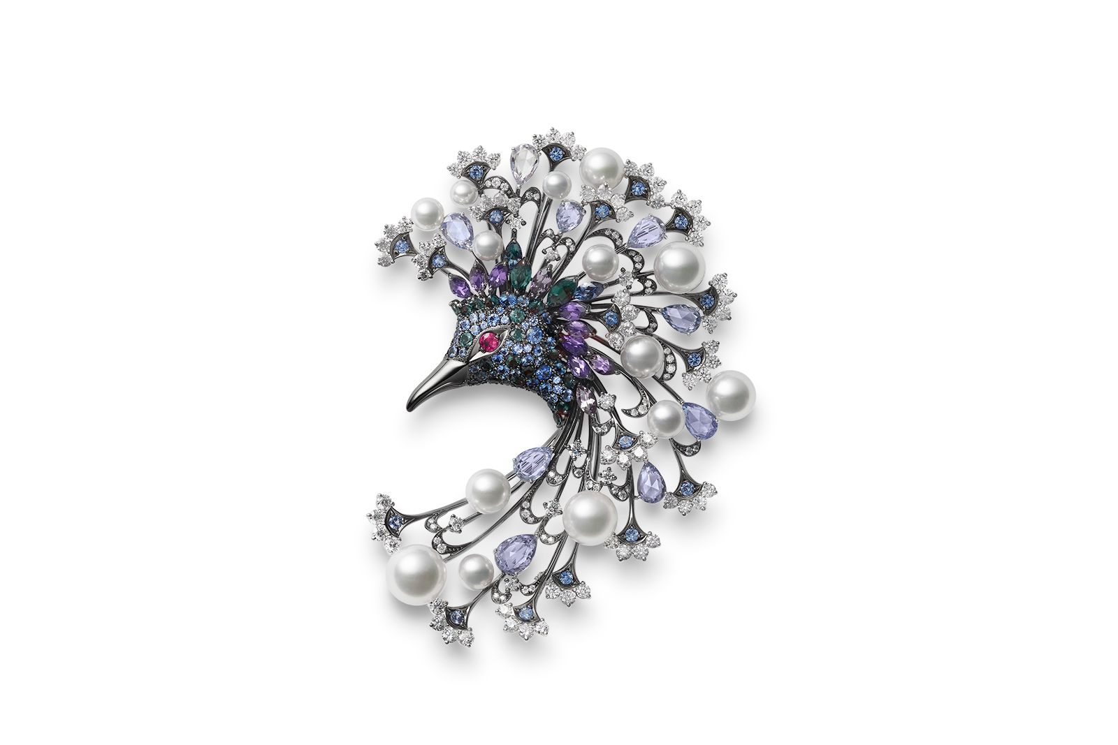  Mikimoto Australia Victoria Crowned Pigeon brooch in 18k white gold with Akoya cultured pearls, sapphire, ruby, alexandrite, spinel, tourmaline and diamonds from the Wild and Wonderful High Jewellery collection