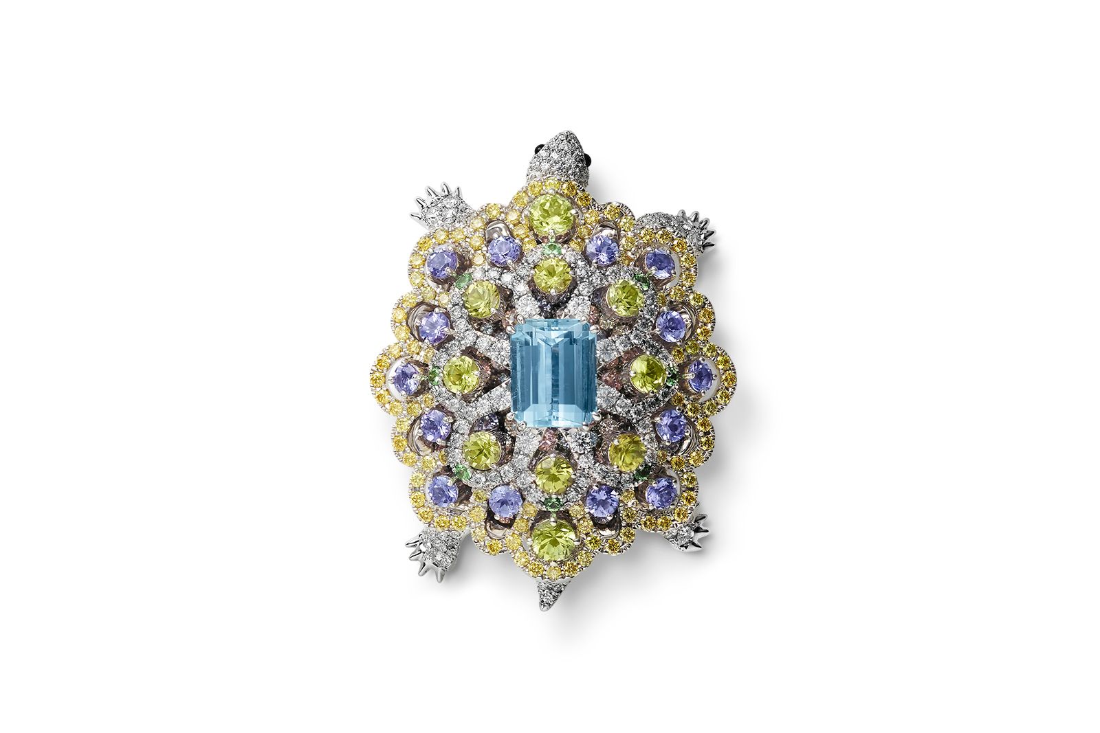  Mikimoto Australia Turtle brooch in 18K white gold with aquamarine, garnet, tanzanite, spinel, onyx and diamonds from the Wild and Wonderful High Jewellery collection