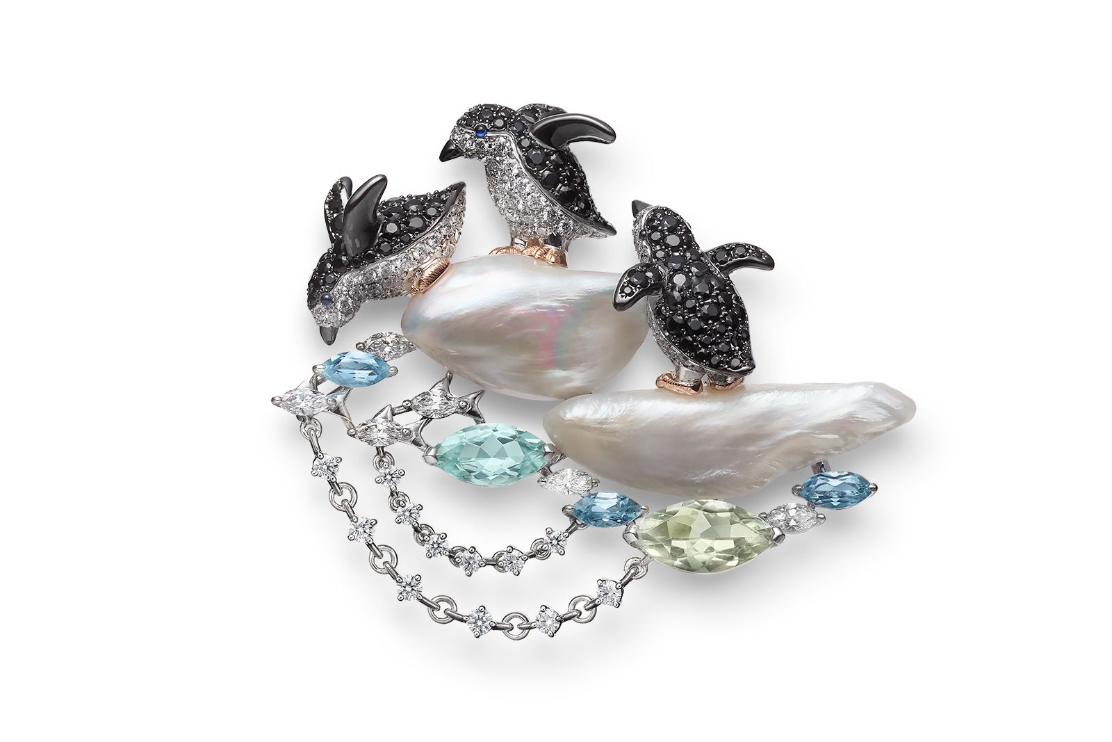 Mikimoto Antarctica Penguin brooch in 18K white and pink gold with freshwater natural pearls, beryl, aquamarine, spinel, sapphire and diamonds from the Wild and Wonderful High Jewellery collection