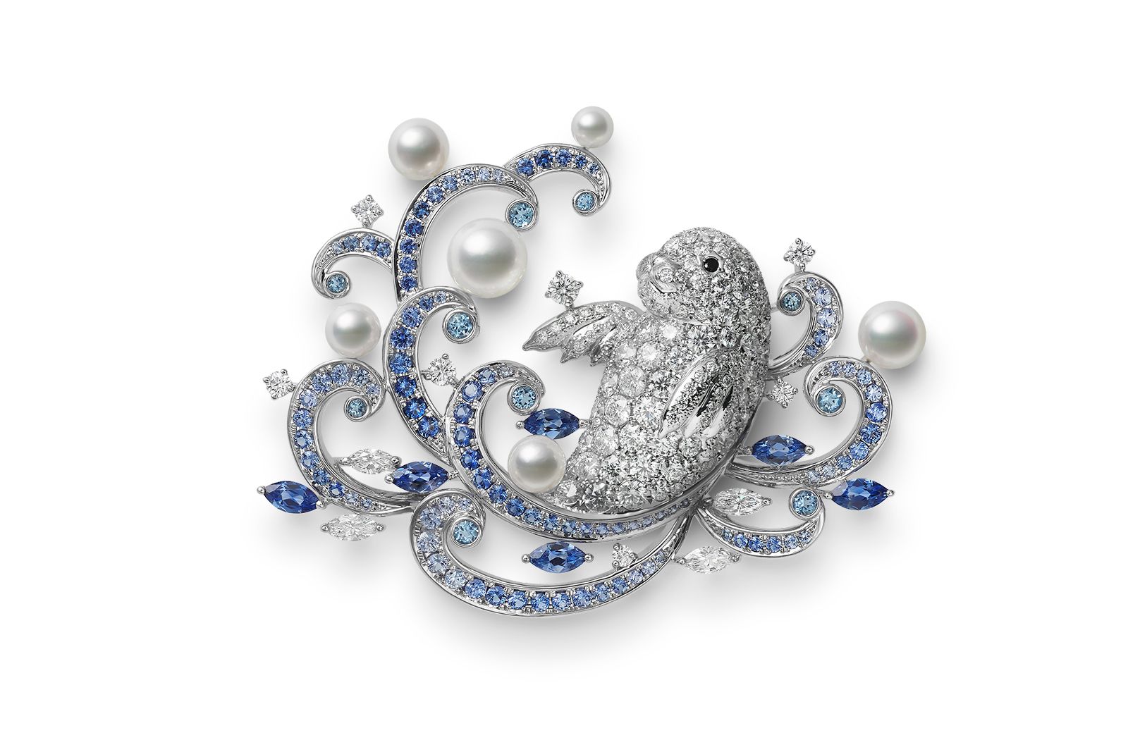  Mikimoto Antarctica Crabeater Seal brooch in 18K white gold with Akoya cultured pearls, sapphire, aquamarine, spinel and diamonds from the Wild and Wonderful High Jewellery collection