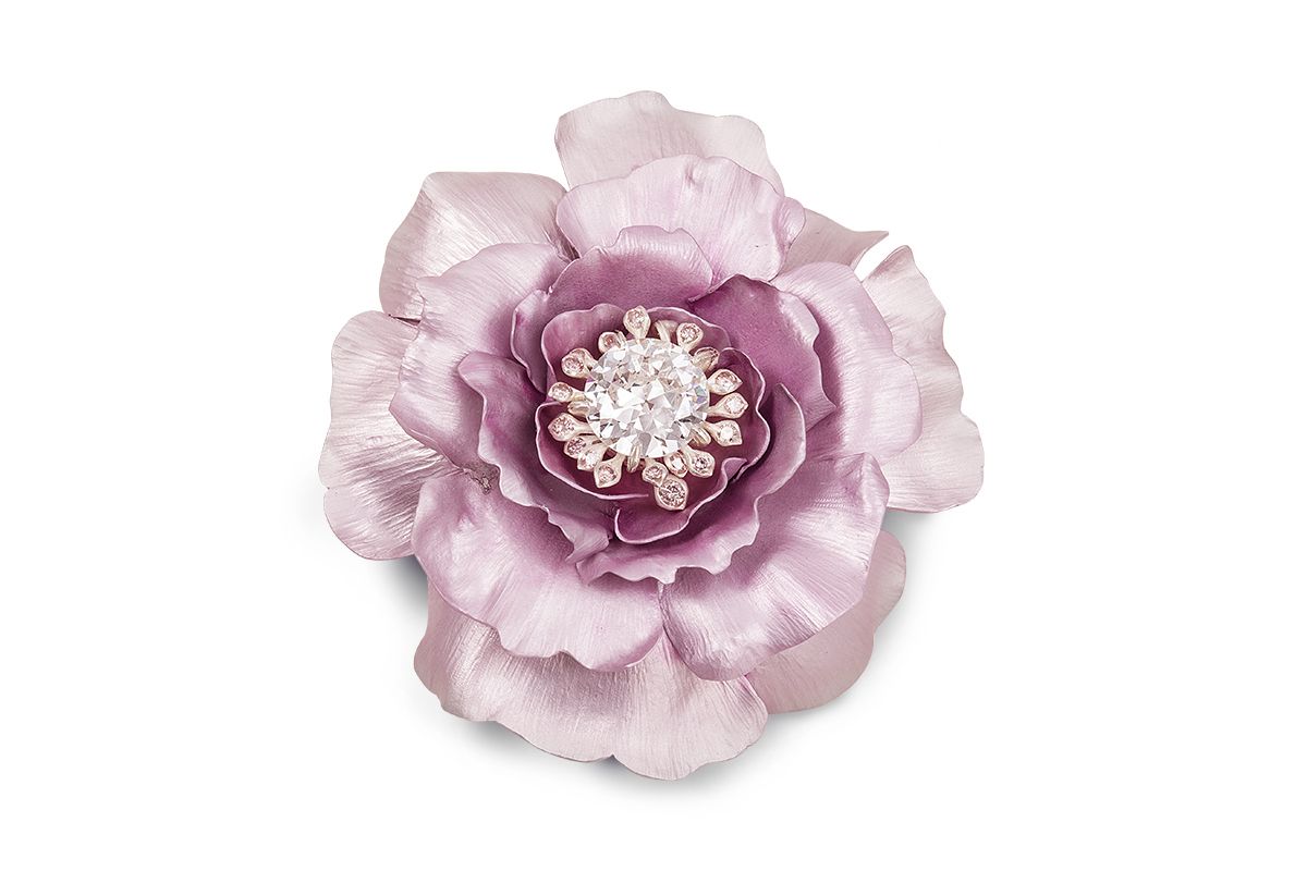 Hemmerle Infused Jewels Rose brooch in aluminium, white gold and diamond