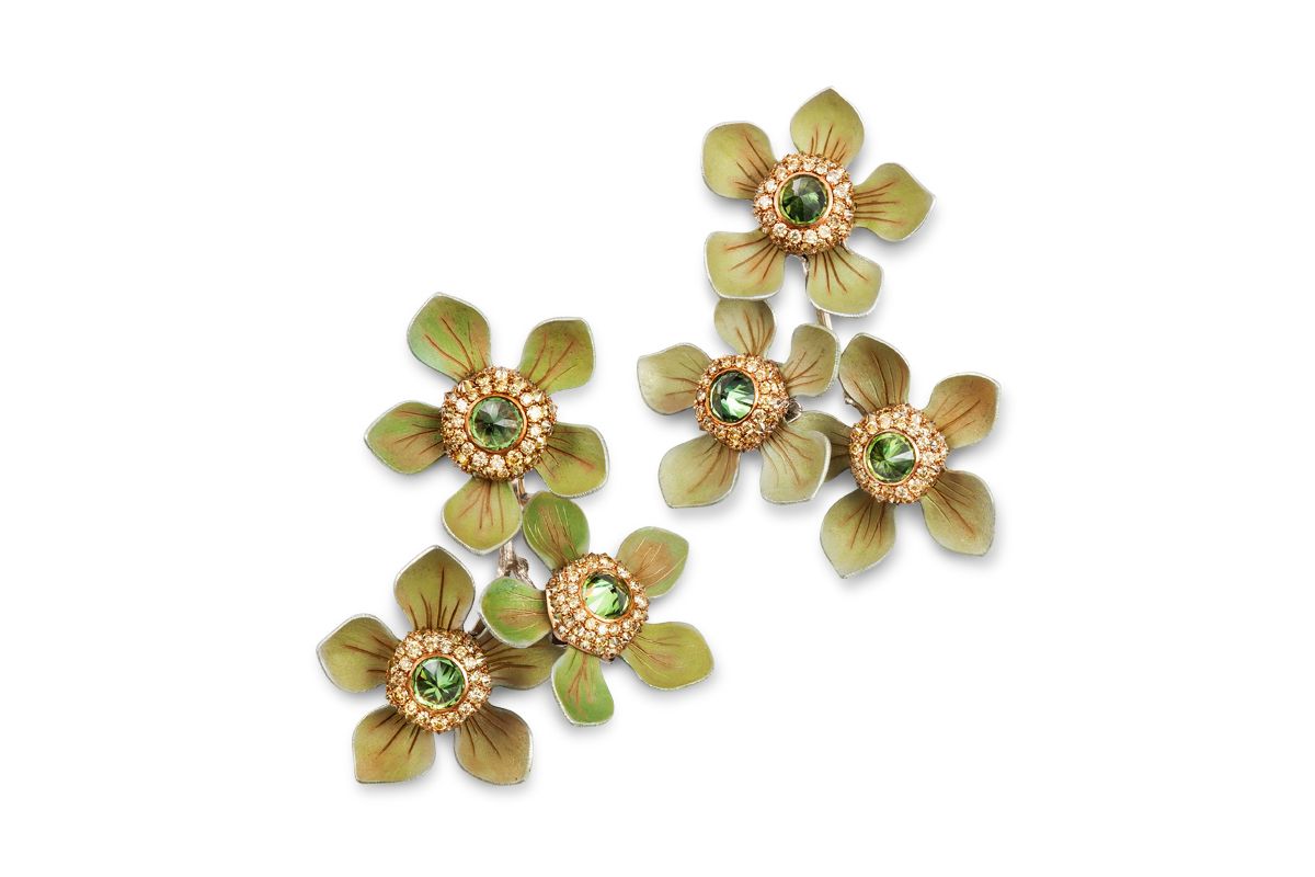  Hemmerle Infused Jewels Lemon Myrtle earrings in demantoid garnets, aluminium, bronze and white gold